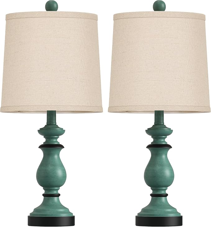 Traditional Table Lamp Set of 2, Rustic Farmhouse Table Lamps for Living Room Bedroom, 22" Bedside Desk Lamps Vintage Nightstand Lamps with Linen Shades, Green - Image 2