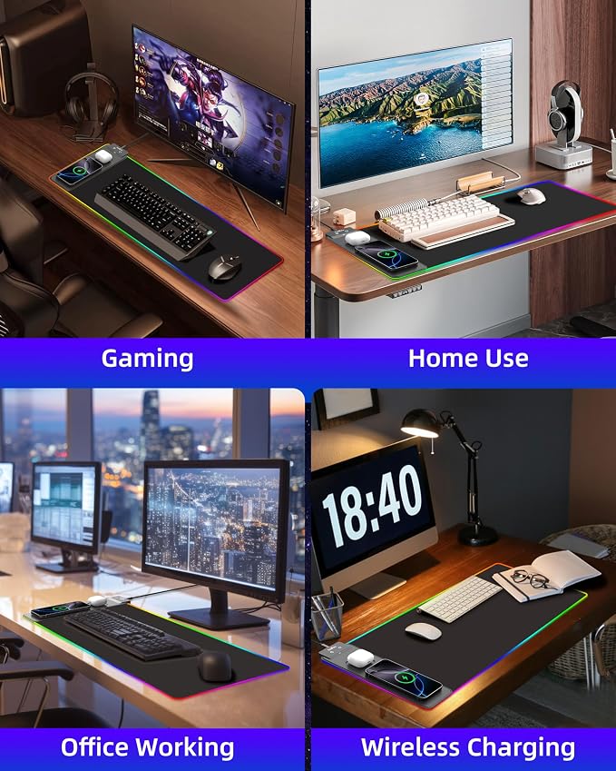 Wireless Charging Mouse Pad, RGB Gaming Mousepad, 31.5"x11.8" | Extra Large LED Desk Mat, 13 Lighting Modes, Ultra-Smooth Surface, Non-Slip Base, Waterproof Computer Keyboard Pad, Black - Image 9