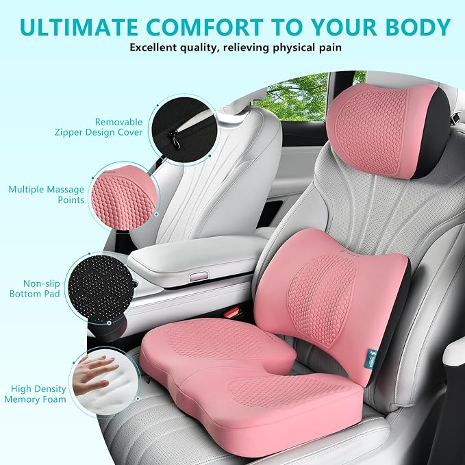 3 PCS Seat Cushion for Carseat Lumbar Support Pillow Car Neck Headrest Pillows 100% Memory Foam Seat Pads Pressure Relief Back Cushion for Office Chair(Pink) - Image 2