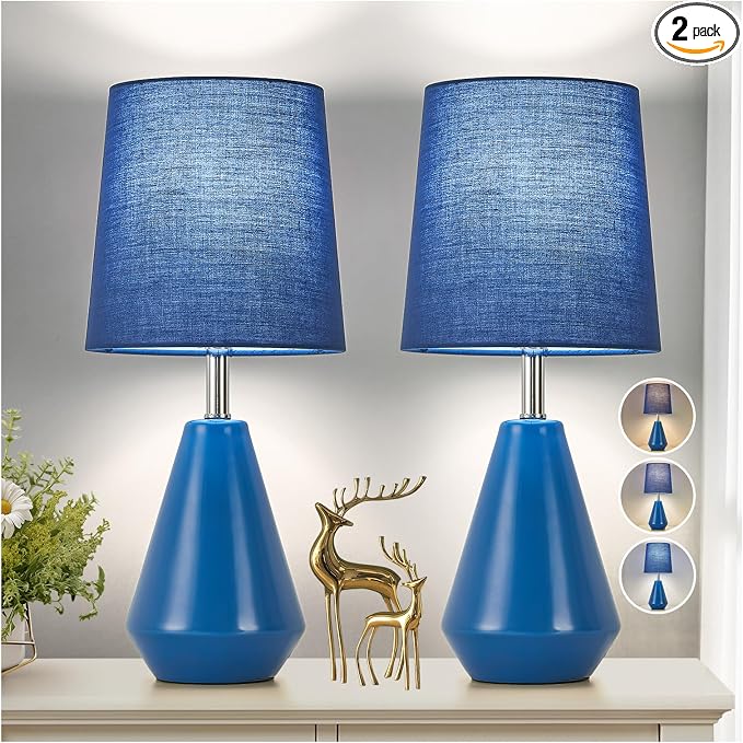 Small Bedside Table Lamp for Bedroom-Reading Desk Lamp Set of 2,with 3 Color Temperatures,15.5" Nightstand Ceramic Lamp with Fabric Shade for Kids Room,Living Room,Dorm,Home Office(Blue) by Illuminatingyoumeandhim
