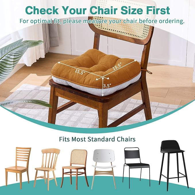 BETU Chair Cushions for Dining Chairs Set of 6,3.5" Thick Kitchen Table Chair Pads with Ties,Non Slip Backing and Covers, Seat Cushion for Dining Room,Bar,Patio Chairs,15.5"X15.5"X3.5",Caramel - Image 4
