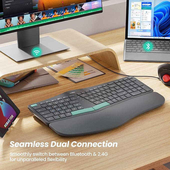 Nulea Ergonomic Split Keyboard Wireless Cushioned Wrist Rest Rechargeable | Bluetooth 2.4G Keyboard With 3 Device Switching, Adjustable Tilt Legs, Comfortable Design for Windows and Mac - Image 6