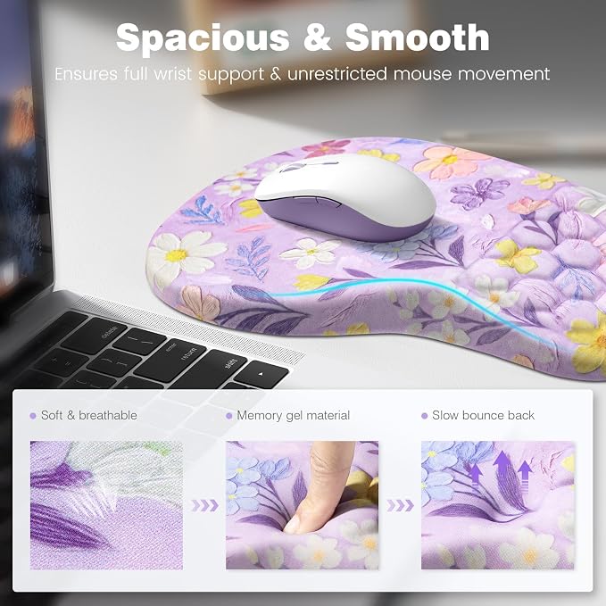 Ospelelf Keyboard Wrist Rest and Mouse Pad Set, Ergonomic Memory Foam Wrist Support, Aesthetic Desk Accessories for Office, Home & Gaming, Relief for Carpal Tunnel & Wrist Pain, Purple Floral - Image 3