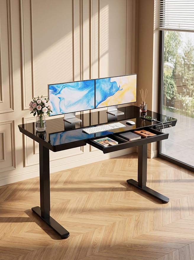 Marsail 48 x 24 inch Glass Standing Desk with Drawer Storage, Matte Black | Storage drawer, one-piece tabletop, two USB charging ports, sit stand design, 28.3–46.5 inch height range, home office use - Image 8