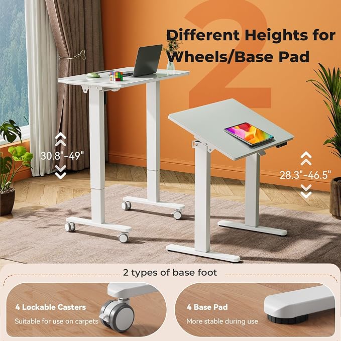 32" Glass Standing Desk,90°Tilt Whiteboard Electric Drafting Table | White Foldable One-piece Electric Height Adjustable Drawing Table with 4 Lockable Wheels, Small Portable Rising Workstation - Image 4