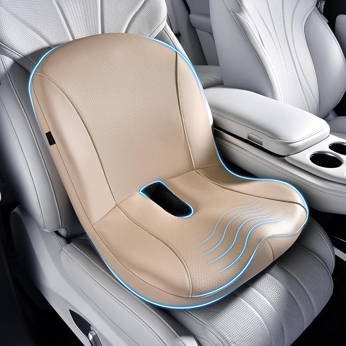 Coverado Car Seat Cushion and Lumbar Support Pillow One Piece, Napa Leather Memory Foam Ergonomic Back Support Driving Seat Cushion for Back Pain, Non-Slip Washable Cushion for Car, Driver, Office by COVERADOAUTO