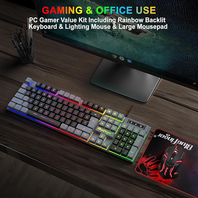 BlueFinger RGB Gaming Keyboard and Backlit Mouse Combo, USB Wired, LED Gaming Set for Laptop PC Computer Game and Work(Gray & Black) - Image 6