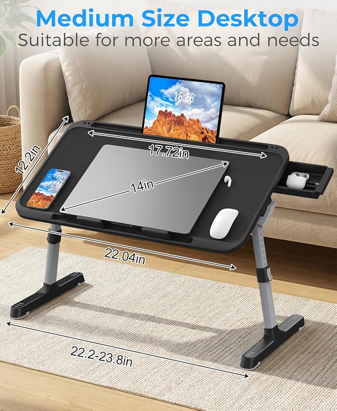 HETTHI Laptop Bed Tray Table, Adjustable Sturdy Laptop Stand for Bed with Premium Materials, Folding Portable Lap Desk with Drawer for Writing Working Reading Eating Couch Floor (Black, 22.04"×12.2") - Image 7