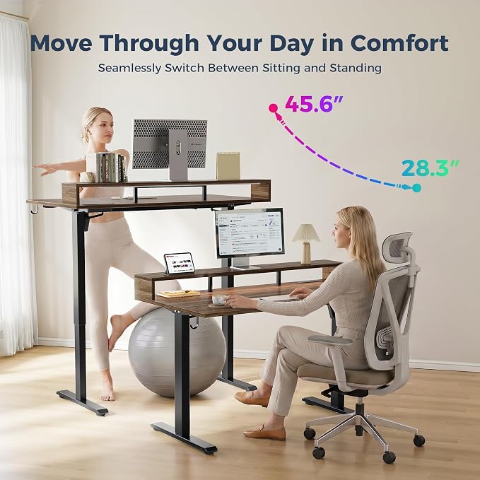 Klicelor Electric Standing Desk with Shelf, 48 Inch Height Adjustable Desk with Power Outlets & LED, Sit Stand Up Table with Monitor Stand, Computer Workstation for Home Office, Dark Walnut - Image 6