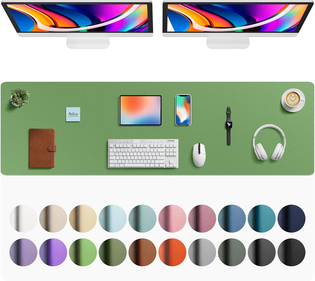 Aothia Faux Leather Desk Mat - Large Mouse Pad, Non-Slip PU Leather Blotter, Waterproof Writing Surface for Office and Home (Olive Green, 63" x 17") by Aothia