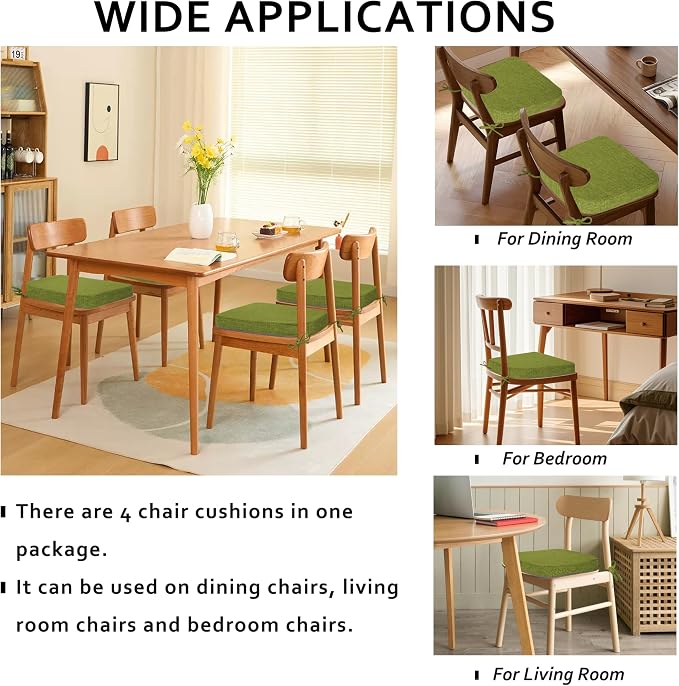 ELFJOY Non-Slip Chair Cushions for Dining Chairs Green 16.7"x16" | 4 Pack, with Ties and Washable Cover, U Shape, Breathable Fabric, for Kitchen Dining Office Folding Chairs，Comfortable - Image 3