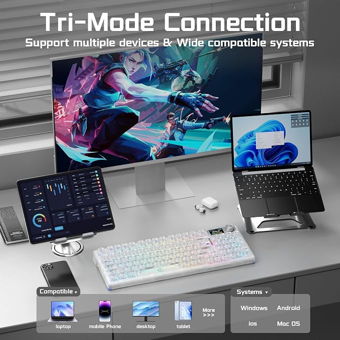 Aula F98Pro V3 Wireless Mechanical Gaming Clear Keyboard with Screen & Knob | Triple-Mode Hot Swappable, Gasket Mount Linear Switches, Clear Keycaps RGB Backlit, TFT Screen 10000mAh Battery for PC/Office - Image 4