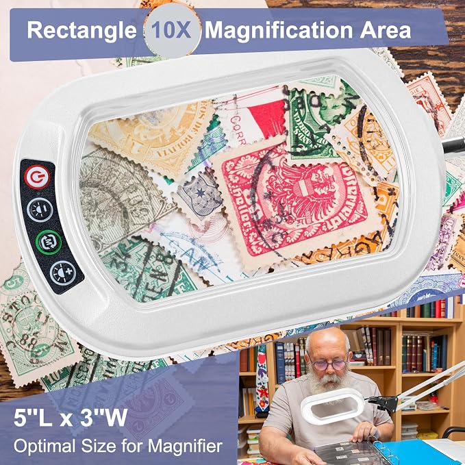 14.35" Large Magnifying Glass with Light and Clamp, Real Glass, 5 Color Modes, Stepless Dimmable, Lighted Magnifier with Stand Hands Free, LED Swing Arm Desk Lamp for Close Work, Craft, White - Image 3