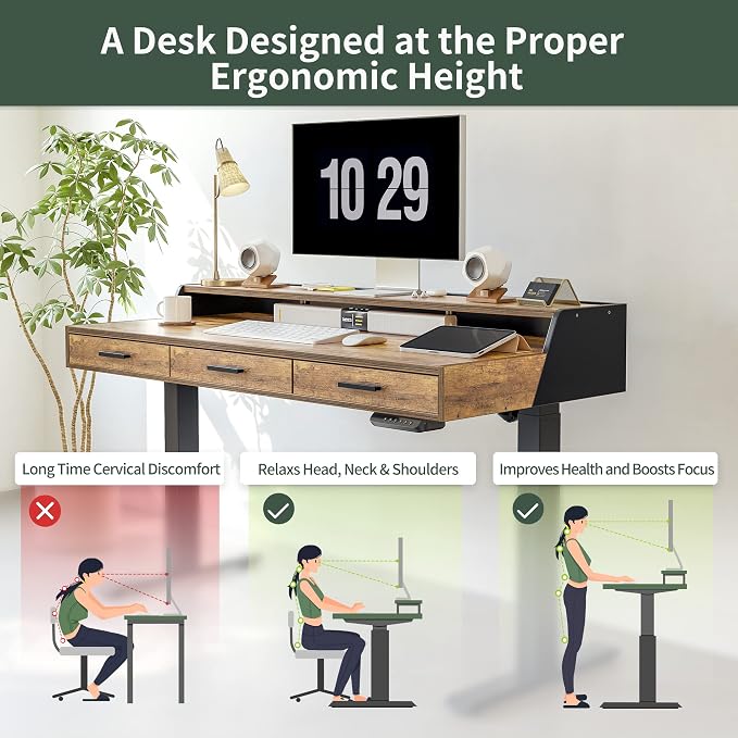 CubiCubi Standing Desk 48x26 Inches with 3 Wood Drawers and Monitor Shelf, Ergonomic Rising Home Office Desks, Height Adjustable Computer Desk, Sit Stand Up Electric Workstation Table, Brown - Image 6