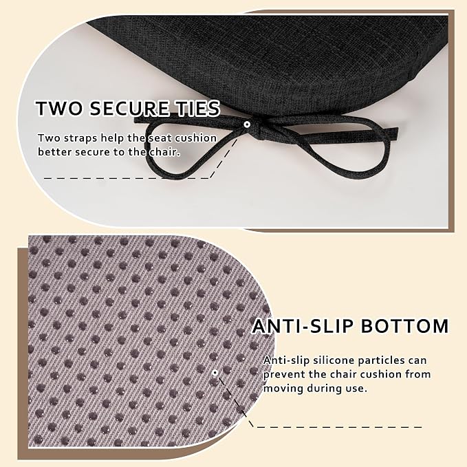 ELFJOY Non-Slip Chair Cushions for Dining Chairs Black 16.7"x16" | 4 Pack, with Ties and Washable Cover, U Shape, Breathable Fabric, for Kitchen Dining Office Folding Chairs，Comfortable - Image 4