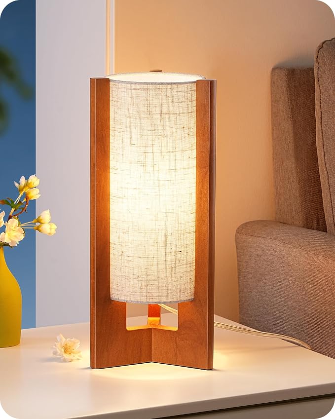 EDISHINE 13.5" Small Table Lamp, Walnut Wood Cylinder Nightstand Lamp, E26 | Beige Linen Shade, On-Off Line Switch, Three-Sided Base, Corner Modern Bedside Lamp for Living Room, Bedroom by EDISHINE