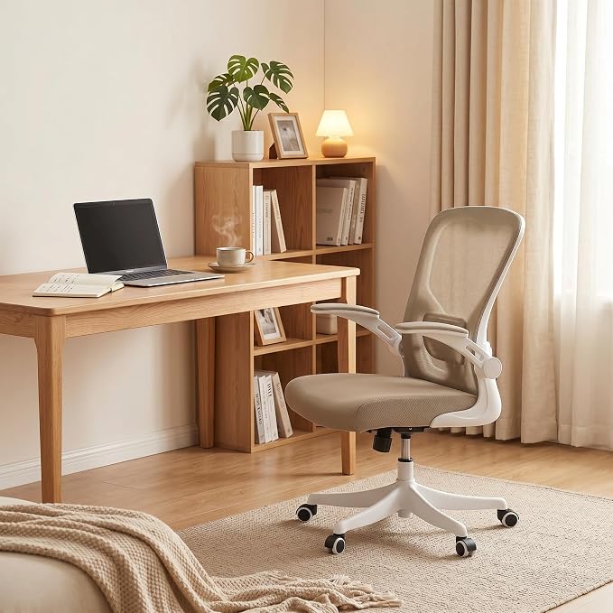 Monhey Ergonomic Office Desk Chair with Lumbar Support, High Back (Khaki) | 90°-125° Tilt Lock, 360° Swivel, Mute Wheels, High Back, Breathable Mesh, Foldable Armrests, Home Office Use - Image 8