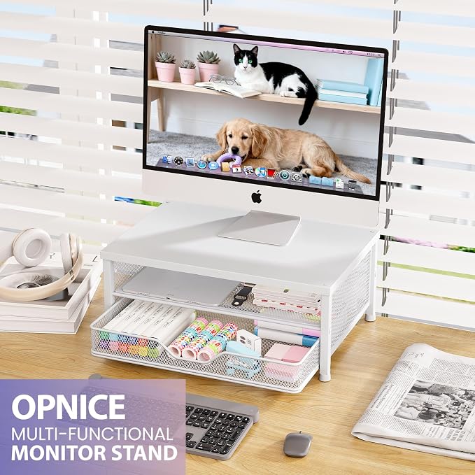 Computer Monitor Stand Riser, Desk Organizer with Drawer, Printer & Laptop Stand, Office Desk Accessories & Workspace Desktop Organizers Storage for Office Supplies(White) - Image 3