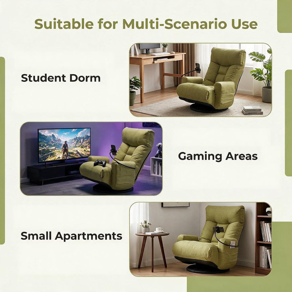 360° Swivel Floor Gaming Chair Linen Folding Chaise Lounge Chair Adjustable Comfy Sofa Chair with Armrests, Phone Holder & Padded Cushion, Ideal for Living Room, Bedroom (Green) - Image 7