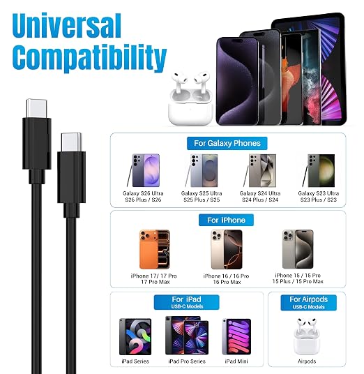 4-Pack (6ft 6ft 10ft 10ft) 60W USB C to USB C Fast Charging Cable | Type C to C Charger Cord Compatible with iPhone 17, 17 Air,16,16 Plus,15, Pro Max, iPad Pro, Galaxy S24/S23/S22 - Black - Image 3