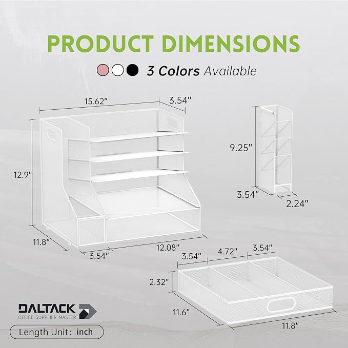 5-Tier Desk Organizer with File Holder & Pen Holder & Sliding Drawer, White | Mesh Metal Paper Letter Tray for Papers, Mail, Office Supplies, and Desk Accessories - Image 3