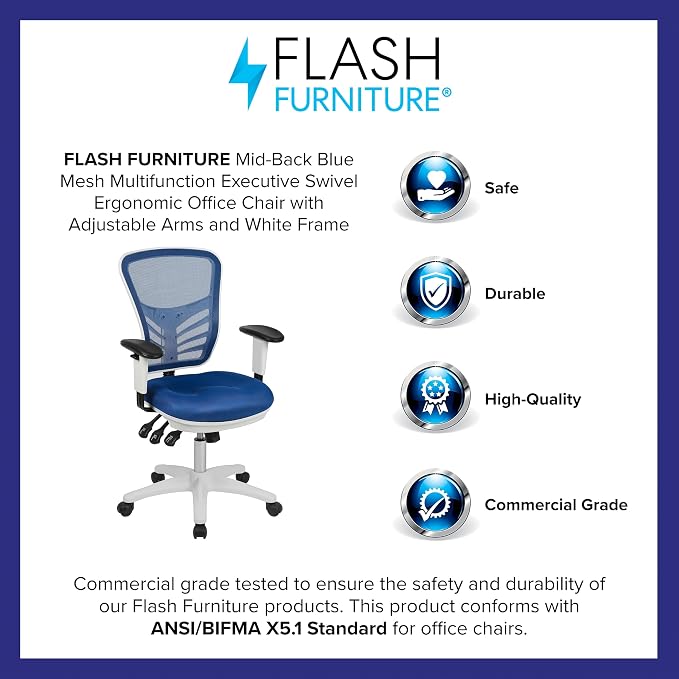 Flash Furniture Nicholas Mid-Back Blue Mesh Multifunction Executive Swivel Ergonomic Office Chair with Adjustable Arms and White Frame - Image 4