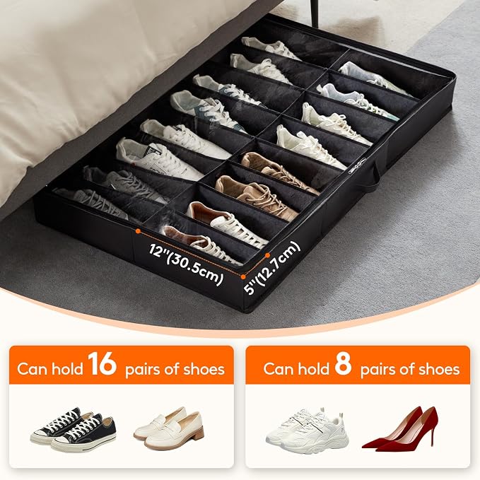Lifewit Under Bed Shoe Storage Organizer 1 Pack(16 Shoes Cells), 4.3 Inches Profile Fabric Shoes Container Box with Clear Cover, Foldable Storage Bag with 2 Handles, Fits 8 to 16 Pairs - Image 3