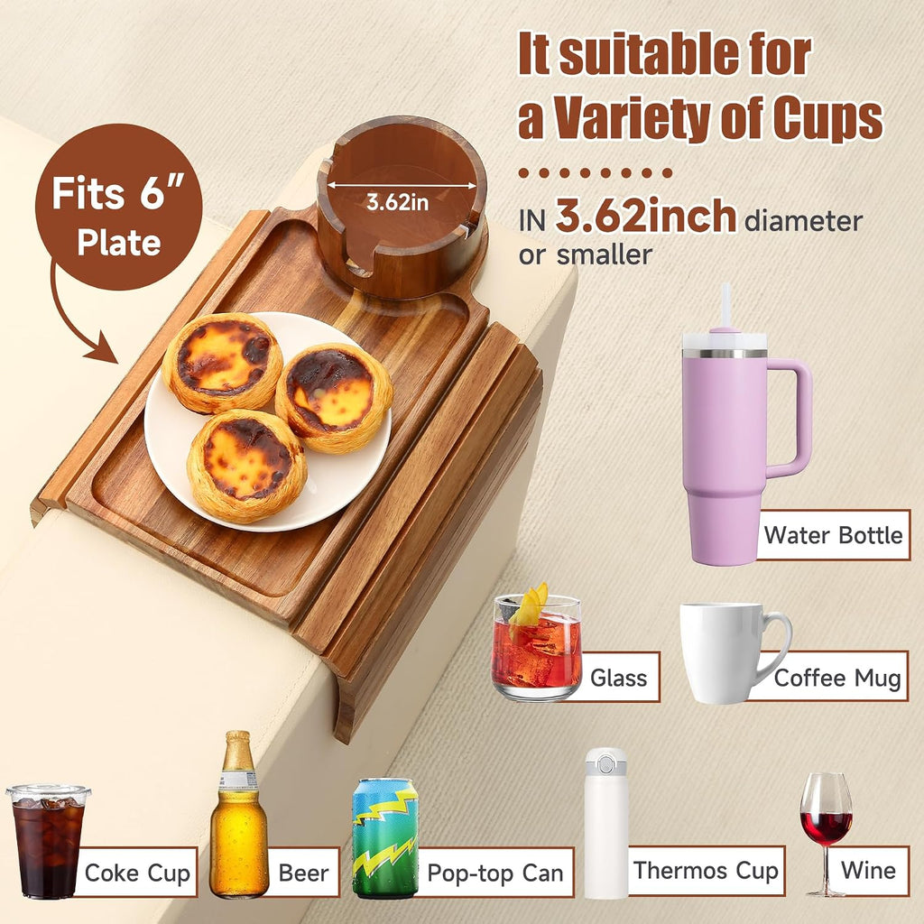 Couch Cup Holder Tray,Fit Sofa Armrests 6.3" and Wider,Acacia - Image 3