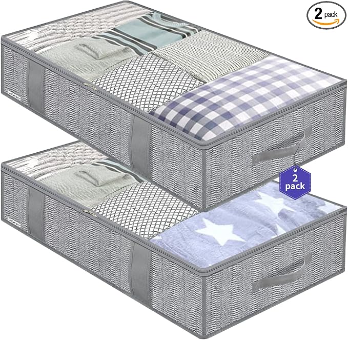 Onlyeasy Large Underbed Storage Bags Organizer Container (2 Pack) with 4 Handles and 2 Sturdy Zippers, Blankets Clothes Comforters Foldable Storage Bags with Clear Window, Herringbone Grey, MXRUBBP2 by Onlyeasy