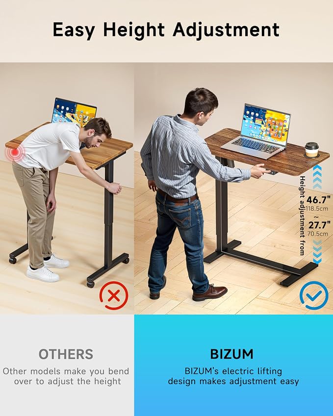 BIZUM Small Electric Standing Desk Bedside Table with Hidden Wheels 31.5 x 15.8 Inch Adjustable Computer Laptop Office Desk, Walnut - Image 6