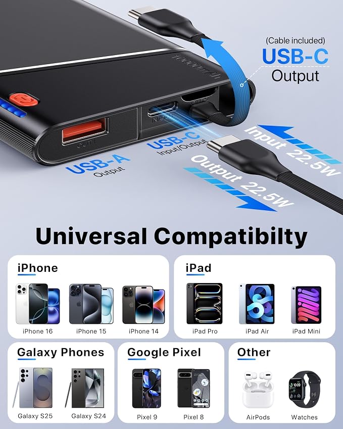 Aaoyun 10000mAh Portable Power Bank, 22.5W PD Fast Charging Battery Pack with Built-in USB-C Cable, Ultra-Slim External Phone Charger for iPhone 17/16/15, Samsung Galaxy S24, Android (Grey) - Image 6