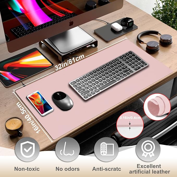 Desk Mat with Wireless Charging, Pink Mouse Pad with Wireless Charger, Desk Pad Matt for Desktop, Mousepad Gaming Large Mouse Pad, Leather Compute for Keyboard and Mouse, 32" x 16" - Image 7