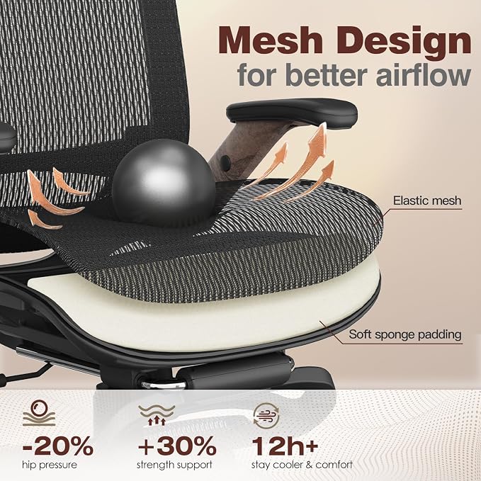 Ergonomic Office Chair with Footrest, High Back Mesh Computer Chair with Flip-Up Arm, 3D Headrest, 135° Reclining, Rolling Gaming Task Chair with Wide Seat Lumbar Support,300LBS - Image 8
