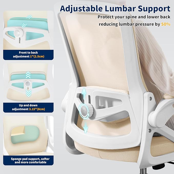 Ergonomic Office Chair Desk Chair with Adjustable Lumbar Support | Mesh Computer Chair Home Office Desk Chair with Flip-up Armrests Executive Task Chair Comfy Mesh Gaming Chair (Buff Beige) - Image 3