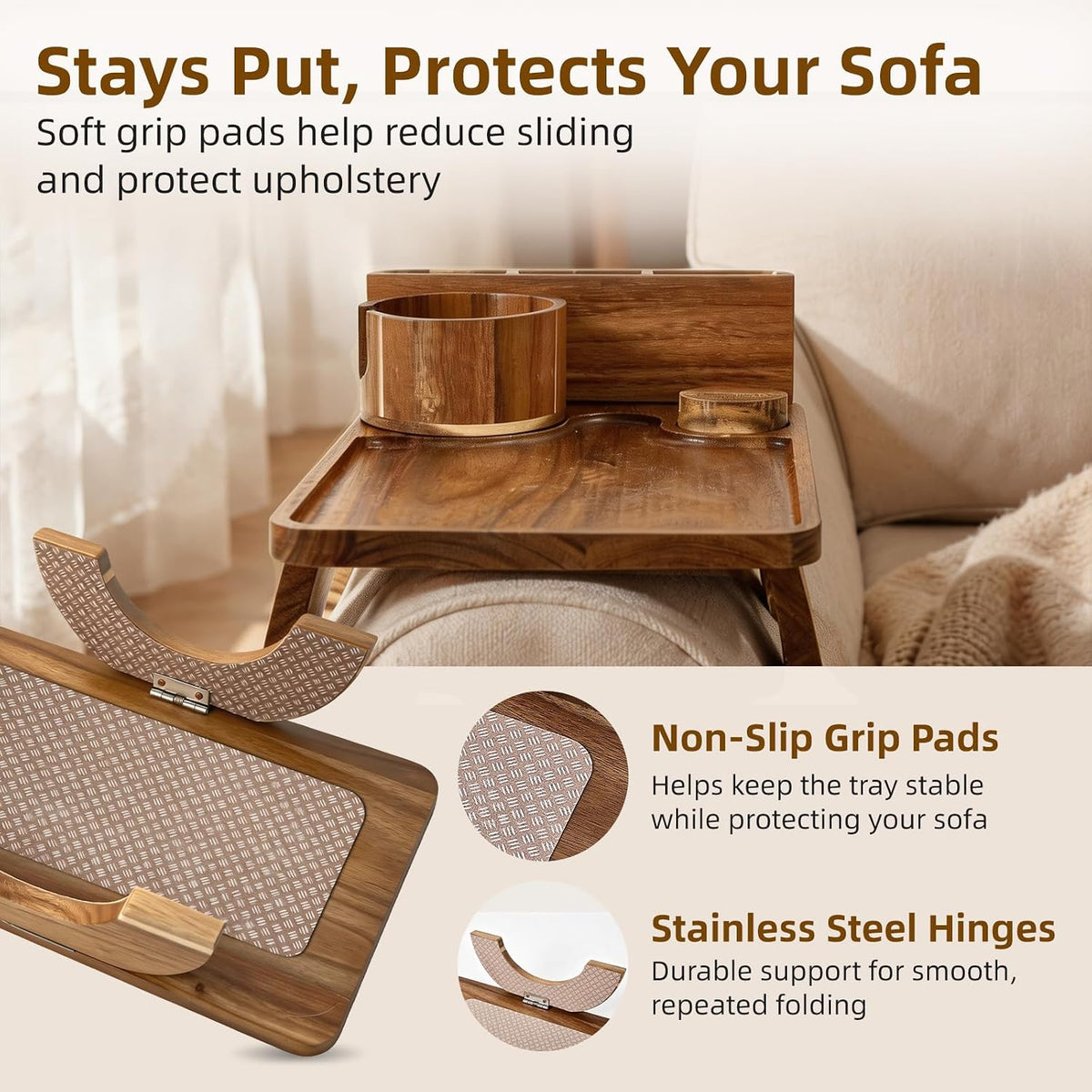 Couch Armrest Table, 4-in-1 Solid Acacia Wood Non-Slip Sofa Armrest Tray with Cup Holder, Phone Stand & Remote Control Slot for Drinks, Snacks & Remotes - Image 6