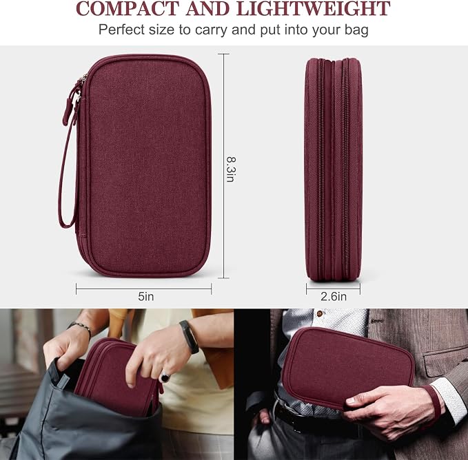 FYY Electronic Organizer, Travel Tech Pouch Bag, Medium, Wine Red | Wrist Strap, Waterproof, Double Layers Portable Electronics Travel Carrying Case for Cord, Charger, Daily Business Trips Use - Image 2