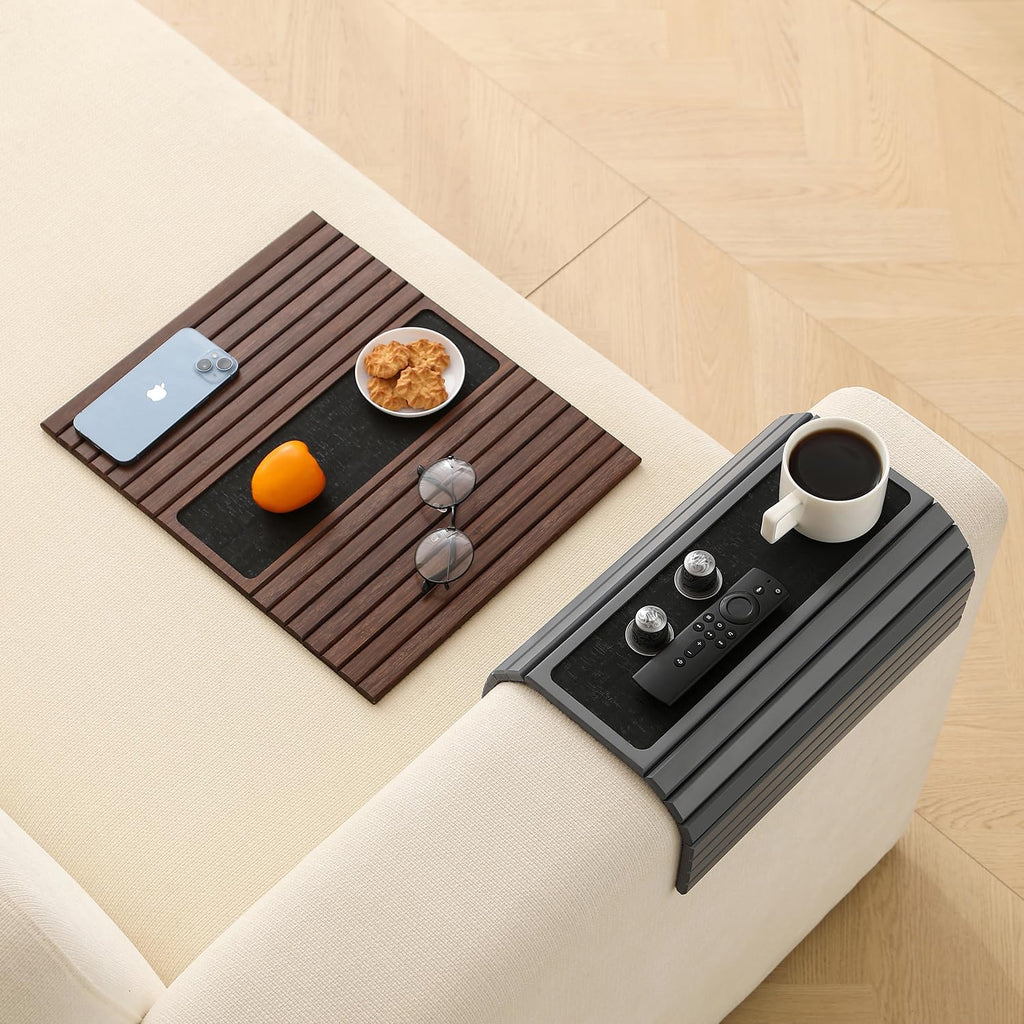 Bamboo Couch Arm Tray Table with Anti-Slip Cork Pad，Foldable Sofa Armrest Tray Table for Couch，Flexible Couch Arm Cup Holder，Portable Sofa Arm Chair Table for Drink, Snacks, Phone, Remote (Gray) - Image 9