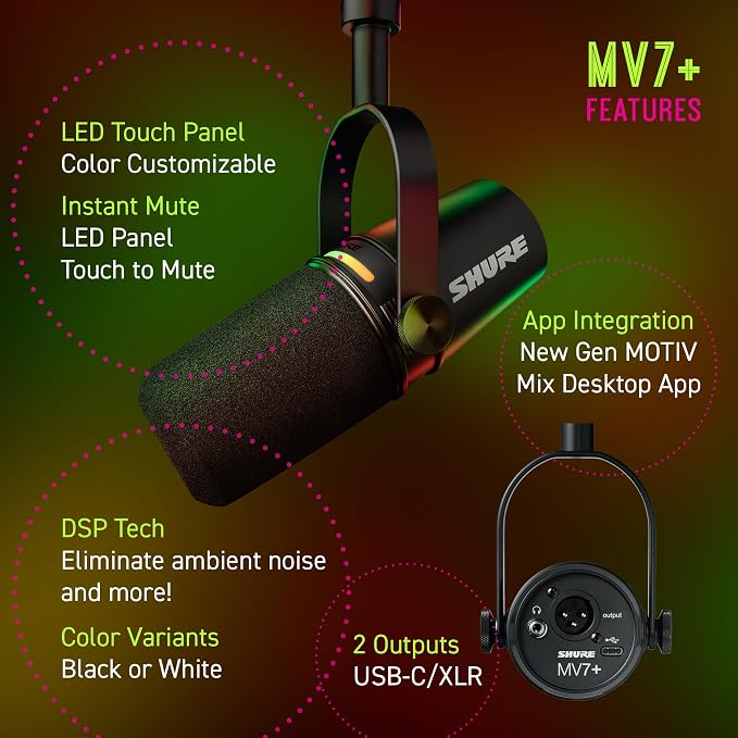 Shure MV7+ Dynamic Microphone – USB-C & XLR Podcast Mic for Streaming, Recording & Broadcasting, OBS Certified, Auto Level Mode, Digital Pop Filter, LED Panel, Black, (Pack of 8) - Image 3