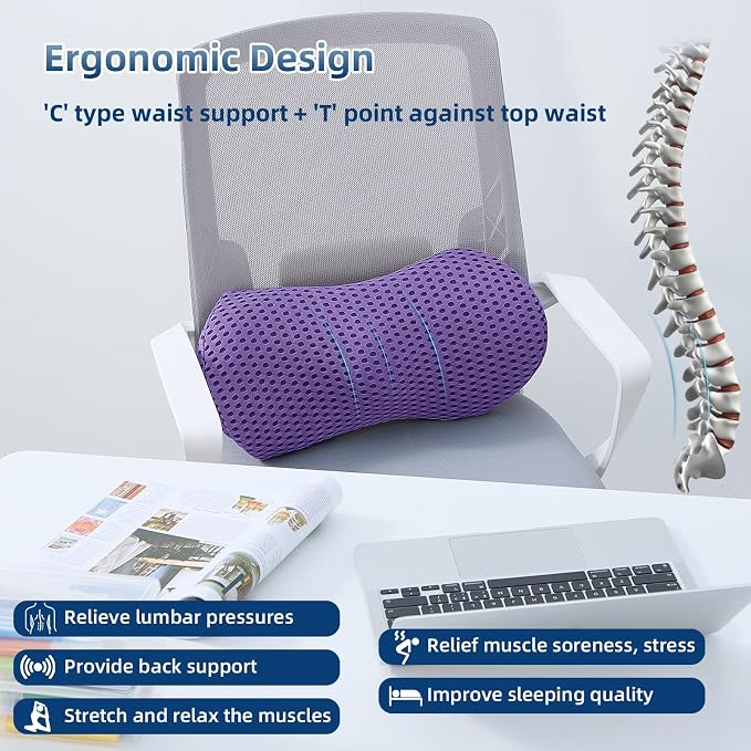 Lumbar Pillow, Memory Foam Lumbar Support Pillow for Office Chair and Car Seat, Ergonomic Streamline Back Pillow for Lower Back Pain Relief, Back Support Pillow for Sitting, Driving, Traveling - Image 4