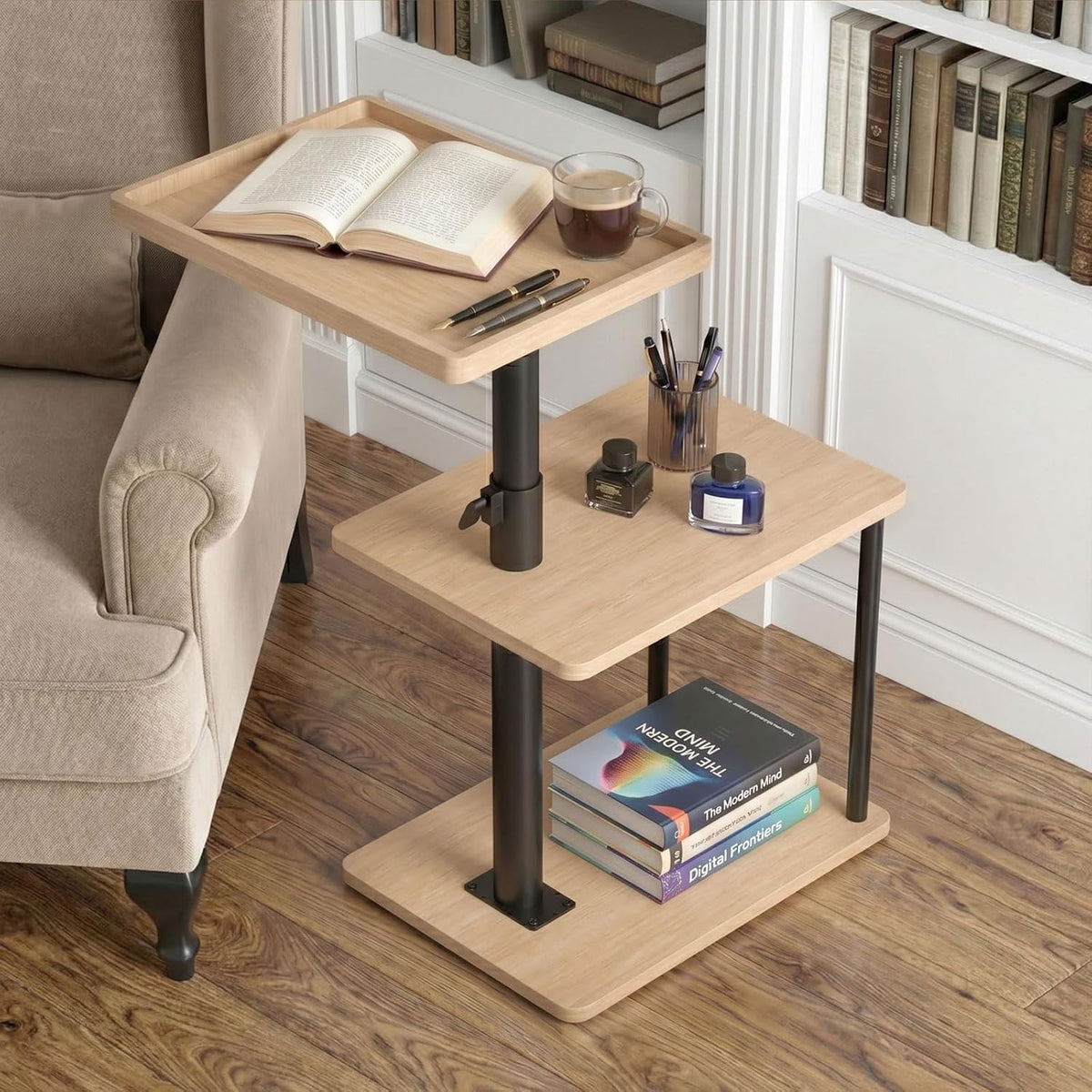 C Table End Table Adjustable Height, 360°Swivel TV Tray Table for Small Spaces, Small Nightstand for Living Room, Bedroom, Oak - Image 6