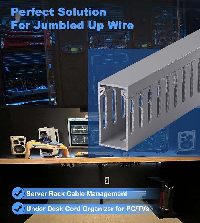 ZhiYo 2" H x 1" W Cable Management Raceway, 99in Under Desk Channel, Grey | Slotted Wire Duct, 6Pack, 16.5in Each, Heavy-Duty PVC Cable Management for Server Racks, Network Cables & Electrical Cabinets - Image 4