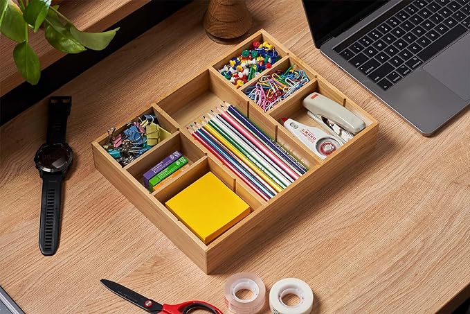 Bamboo Desk Drawer Organizer, Wood Junk Organizer Tray with Adjustable Dividers, Anti-Skip Storage Organization in Office Bathroom Drawer for Vanity, Makeup, 12" x 9" - Image 6