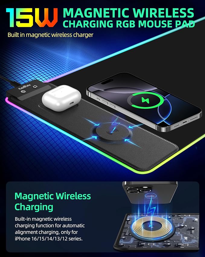 Wireless Charging Mouse Pad, RGB Gaming Mousepad, 31.5"x11.8" | Extra Large LED Desk Mat, 13 Lighting Modes, Ultra-Smooth Surface, Non-Slip Base, Waterproof Computer Keyboard Pad, Black - Image 3