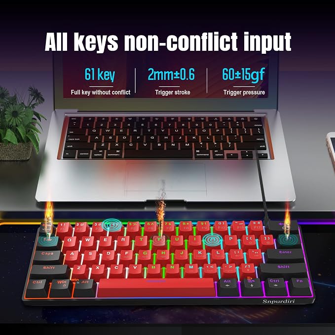 Snpurdiri 60% Wired Mechanical Keyboard (Black-Red, Red Switches) | Mini Gaming Keyboard with 61 Keys for PC, Windows XP, Win 7, Win 10 - Image 6