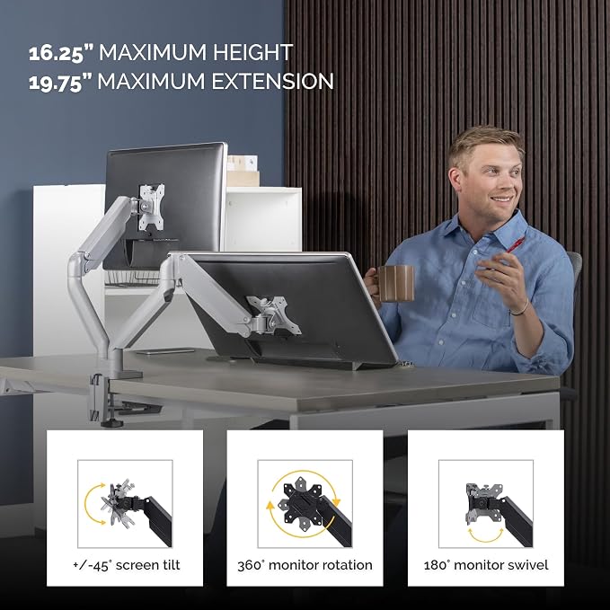Fellowes Platinum Series Dual Monitor Arm for 40-Inch Monitors, Full Motion, 360° Rotation, VESA Mount with Grommet or Clamp, USB Ports, Ergonomic, Silver, 8056501 - Image 3