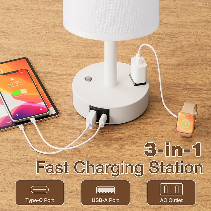 White Touch Bedside Lamp for Bedroom, Stepless Dimmable, USB A+C, AC Outlet | Base Touch Button Only, Memory Brightness, Ultra-dim Night Light, Included Bulb for Optimal Dimming, White Lamp Base, Nursery - Image 5