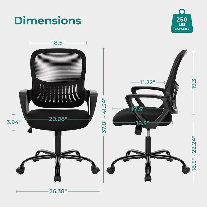 OLIXIS Home Office Chair, Mesh Desk Chair, Ergonomic Lumbar Support | Mid Back Computer Ergonomic, Height Adjustable Swivel Task, Large Seat Armrest, Adults, Black - Image 2