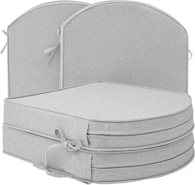 Outdoor Chair Cushions D Shaped, Set of 4, 17 x 16 Inch, Light Grey | Water Resistant, Fade Resistant, Patio Furniture Seat Chair Pads Replacement with Ties, Non-Slip Bottom, Removable Cover by Unknown