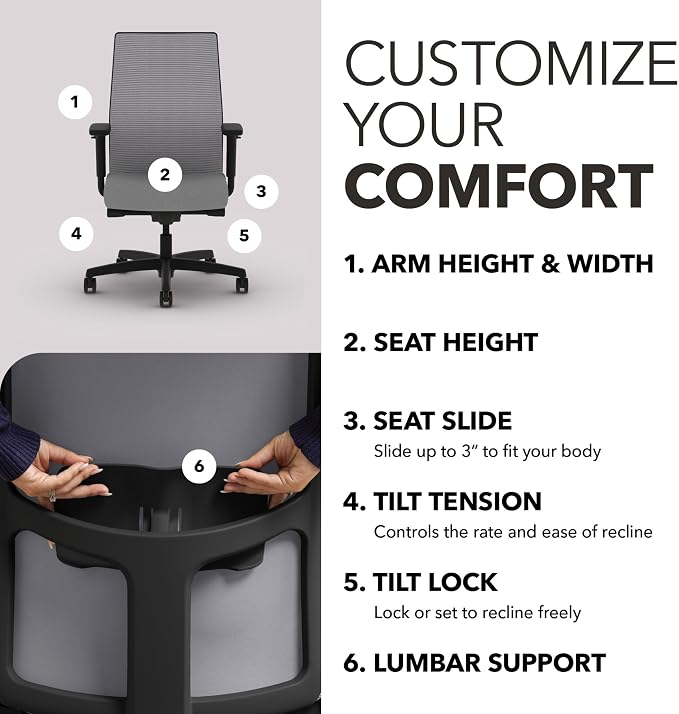 HON Ignition 2.0 Ergonomic Office Chair, Lumbar Support, Desk Chair, Frost | Ergonomic office desk chair with lumbar support, adjustable arms, office decor, workstation comfort for focused productivity - Image 3