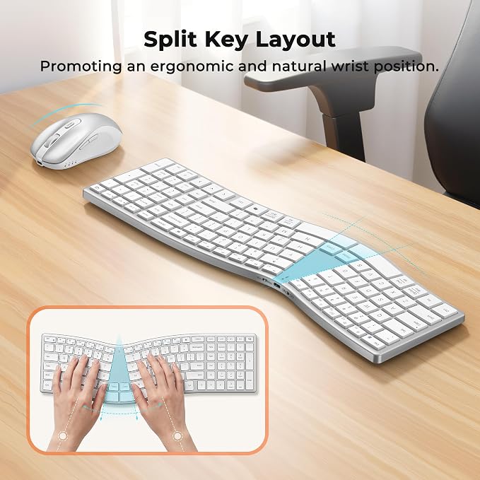 MEETION Wireless Ergonomic Keyboard and Mouse, Split S-Curve Design, White | Dual Bluetooth and 2.4GHz connectivity, low-profile rechargeable keyboard, 4 DPI mouse for Windows, Mac, PC and laptop - Image 3